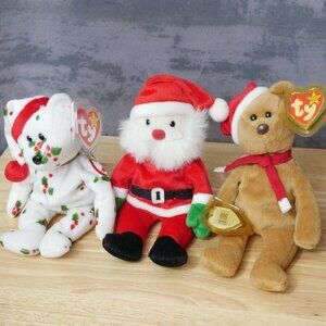 Beanie Babies Christmas Lot of 3 1997 Teddy, Santa, 1998 Holiday Teddy